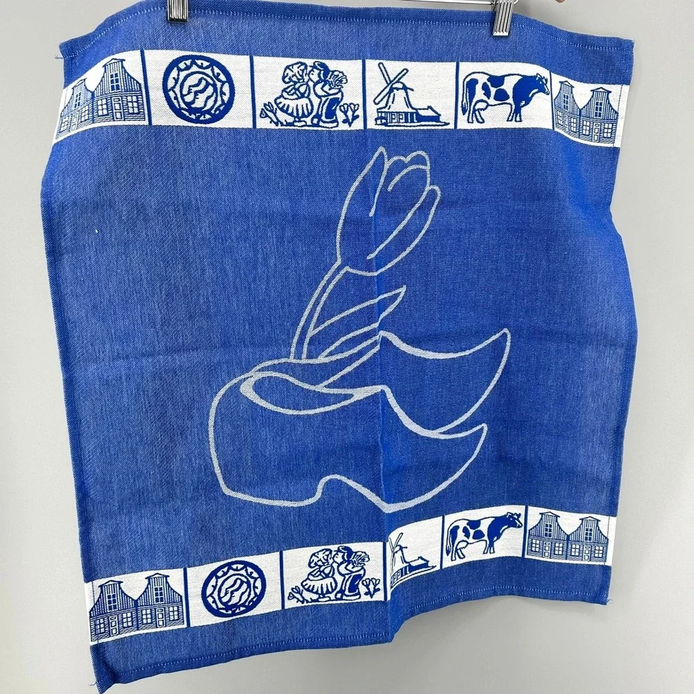 Twentse Damast Blue Cotton Tea Towel Dutch Windmill Tulip Clogs Holland Folk Art